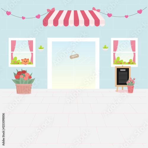 front cafe shop space soft sweet cartoon illustration background design