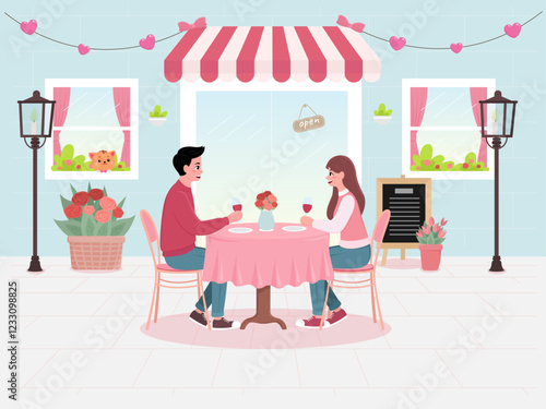 Couple on a date having dinner at a cafe sweet love valentine cartoon cute illustration design