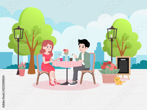 Couple on a date having dinner sweet love valentine cartoon cute illustration design