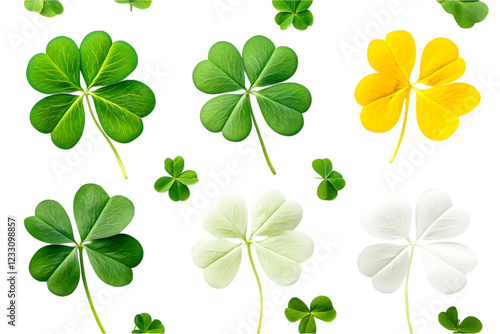 Colorful four-leaf clovers in various shades arranged on a black background, symbolizing luck and fortune. Isolated. AI generated.  .