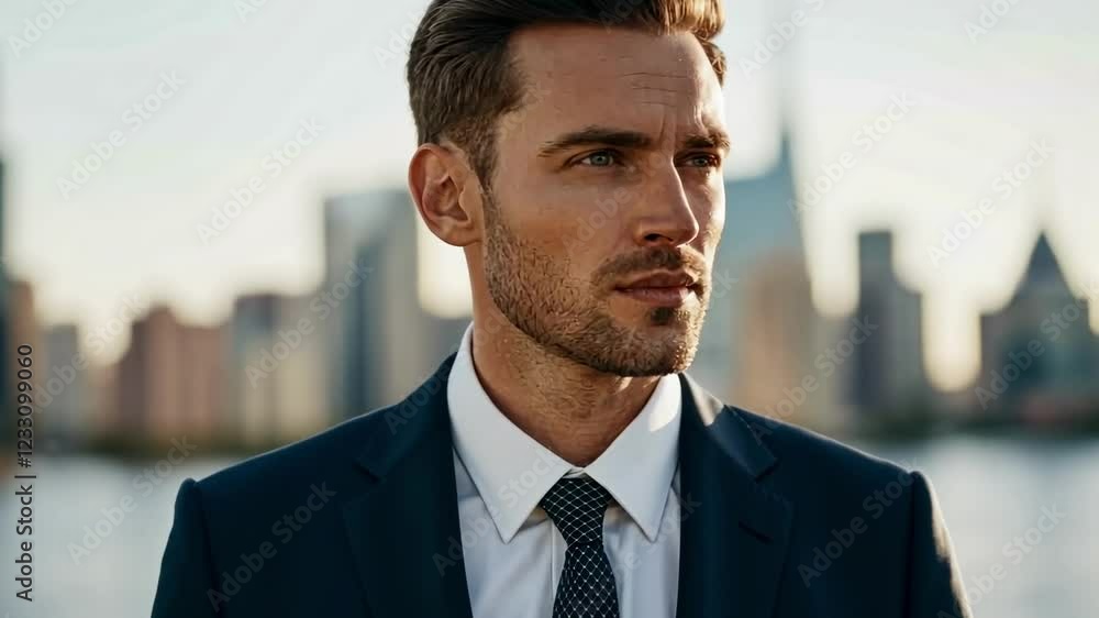 Confident businessman gazing at urban skyline in blue suit Confident businessman gazing at urban skyline in blue suit
