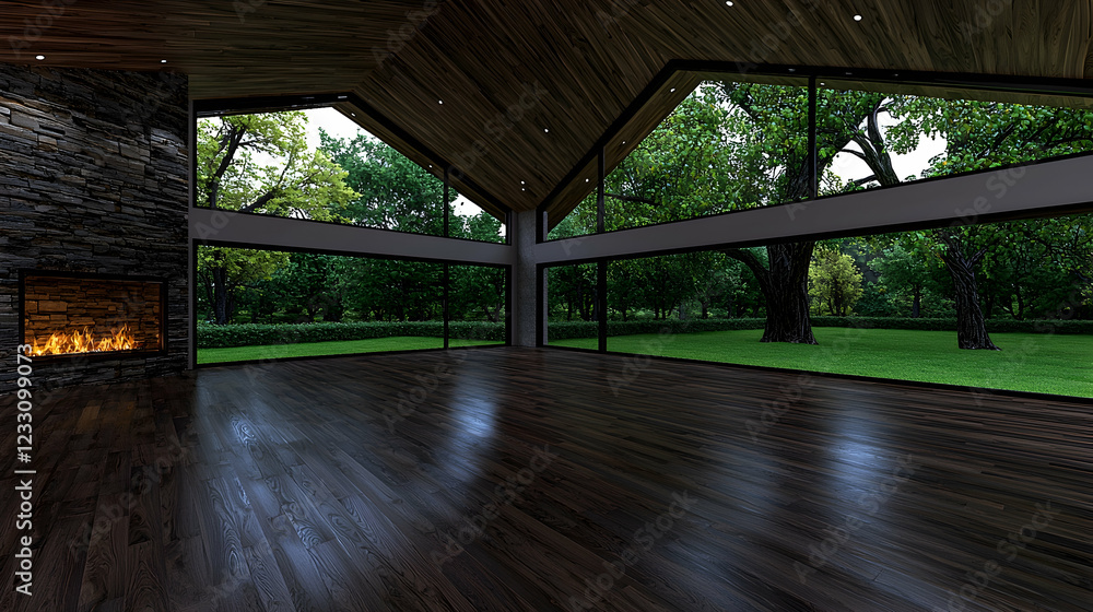 Fototapeta premium Modern house, spacious interior, forest view, fire lit, real estate