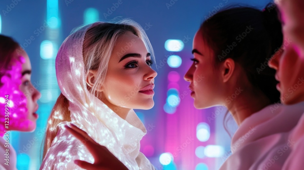 Young caucasian and hispanic women in futuristic neon-light setting Young caucasian and hispanic women in futuristic neon-light setting