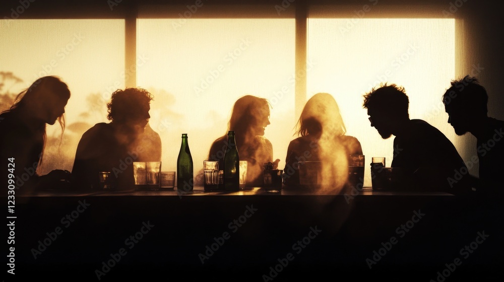 Silhouettes of young adults at a sunset gathering with bottles and glasses on table Silhouettes of young adults at a sunset gathering with bottles and glasses on table