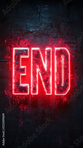 Wallpaper Mural A glowing 3D "The End" sign with a futuristic neon red glow, set against a dark, textured background. Ideal for movie credits, presentations, or advertising. Torontodigital.ca