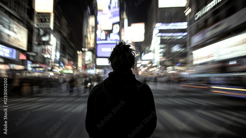 Obraz premium Silhouette of young male in busy city street at night with blurred motion