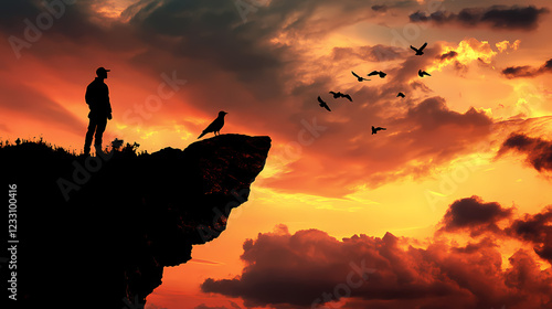 Silhouette of man and dog on cliff at twilight with birds soaring against a dramatic cloudy sky. Twilight Cliff. Illustration