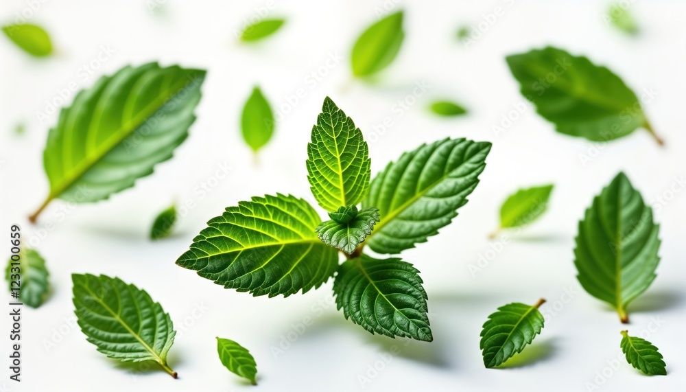 Fresh mint leaves levitate on transparent background. Organic herb with vibrant green leaves. Perfect for culinary, wellness themes. Ideal for food product packaging, healthy lifestyle blogs, social Fresh mint leaves levitate on transparent background. Organic herb with vibrant green leaves. Perfect for culinary, wellness themes. Ideal for food product packaging, healthy lifestyle blogs, social