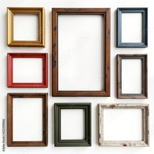 Assortment of wooden picture frames in various colors displayed on white background. Different shapes  styles of rustic wooden picture frames available. Frames perfect for wall decor in gallery