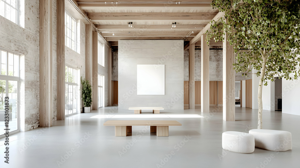 Fototapeta premium Minimalist light wood modern gallery interior