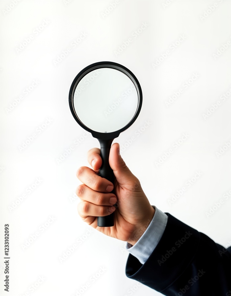 Close-up hand holds magnifying glass against white background. Person examines details with precision. Tool research, analysis. Person likely scientist, detective student. Focus on visual scrutiny. Close-up hand holds magnifying glass against white background. Person examines details with precision. Tool research, analysis. Person likely scientist, detective student. Focus on visual scrutiny.