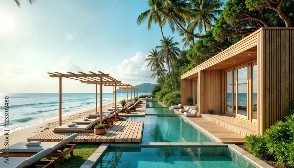 Fototapeta premium Serene eco resort features wooden architecture on tropical beach. Rich plants surrounds pools, beachside lounges. Guests relax on comfortable beachside lounges. Ocean views create peaceful vacation