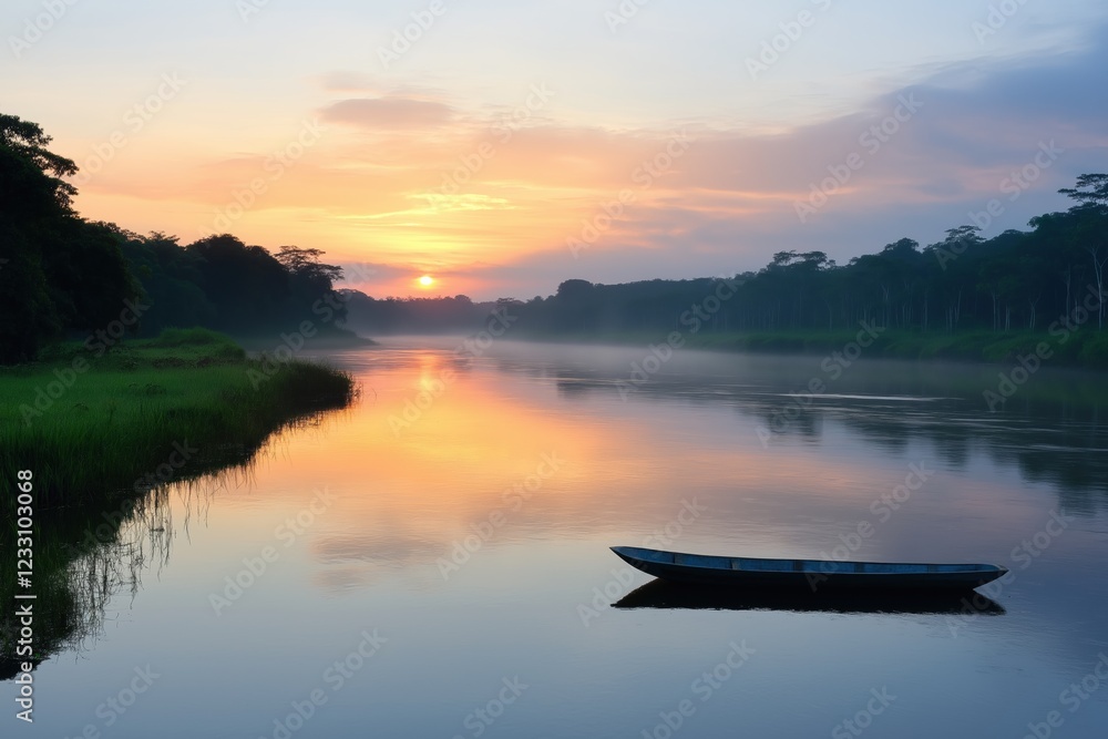 Fototapeta premium A boat is floating on a river with a beautiful sunset in the background. The water is calm and the sky is filled with orange and pink hues