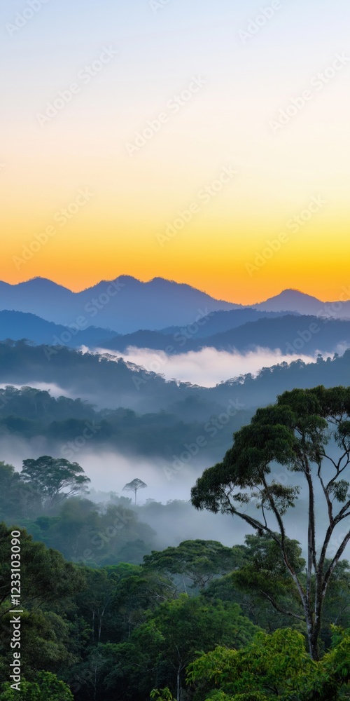 A beautiful mountain range with a foggy mist and a bright orange sky. The mountains are covered in trees and the sky is filled with clouds. The scene is serene and peaceful A beautiful mountain range with a foggy mist and a bright orange sky. The mountains are covered in trees and the sky is filled with clouds. The scene is serene and peaceful
