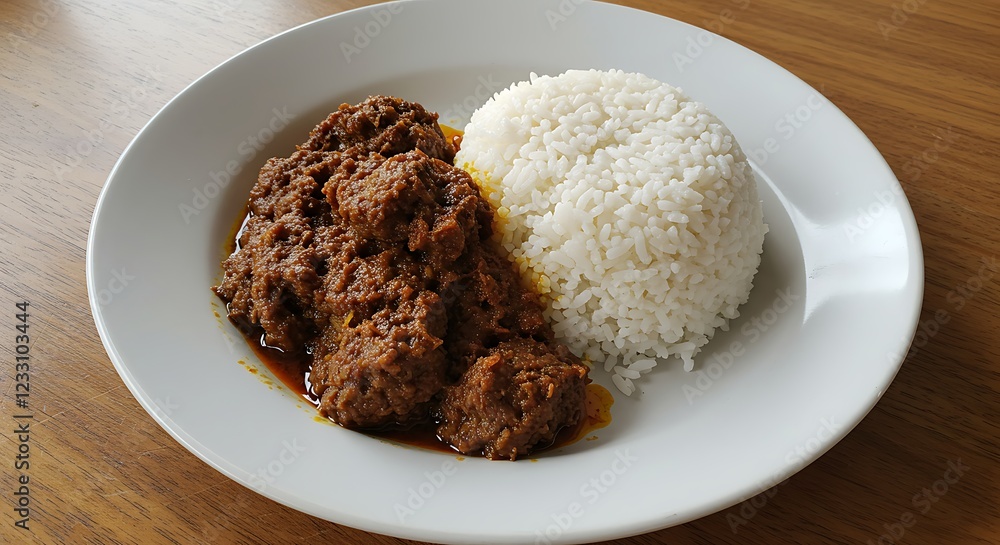 Delicious Rendang Beef with Rice Indonesian Cuisine Delicious Rendang Beef with Rice Indonesian Cuisine