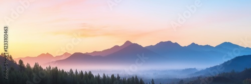 Wallpaper Mural A beautiful mountain range with a pink and orange sky in the background. The mountains are covered in trees and the sky is filled with clouds. The scene is peaceful and serene, with the mountains Torontodigital.ca