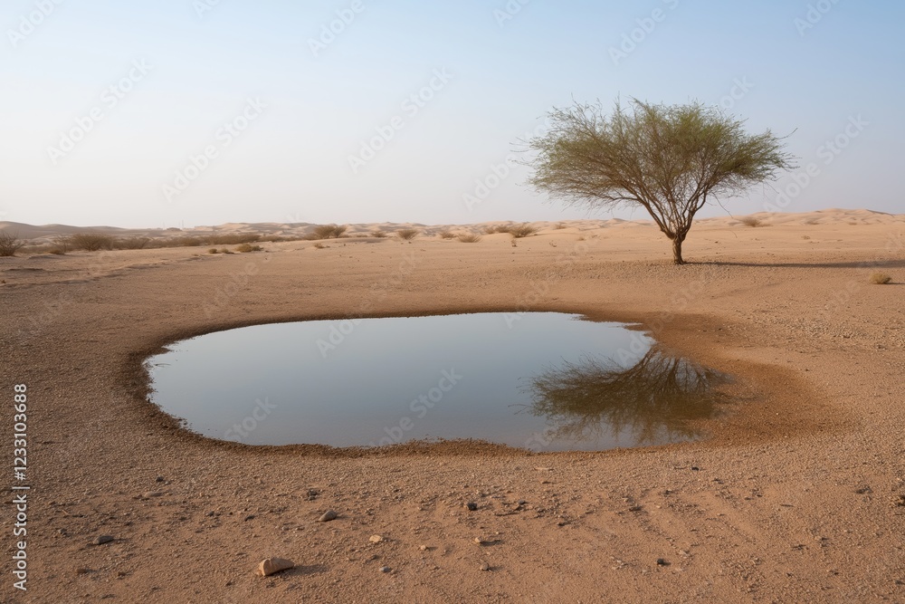 A small pond in the desert with a tree in the background. Concept of solitude and tranquility in the vast, empty landscape A small pond in the desert with a tree in the background. Concept of solitude and tranquility in the vast, empty landscape
