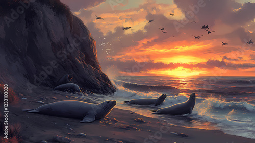 Elephant seals resting sunset beach cliff ocean wildlife. Twilight Cliff. Illustration