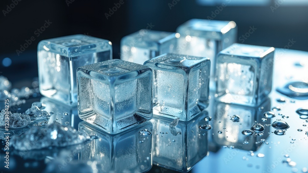 Stack of transparent ice cubes melting on a reflective surface with water droplets Stack of transparent ice cubes melting on a reflective surface with water droplets