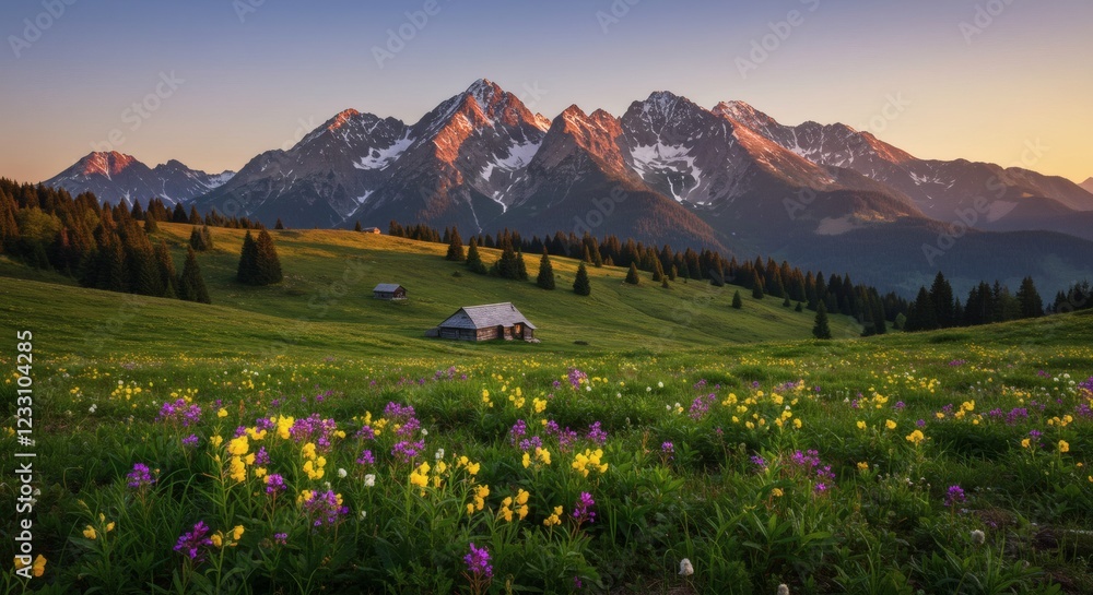 Fototapeta premium Alpine Meadow Sunset Landscape with Mountain Cabin