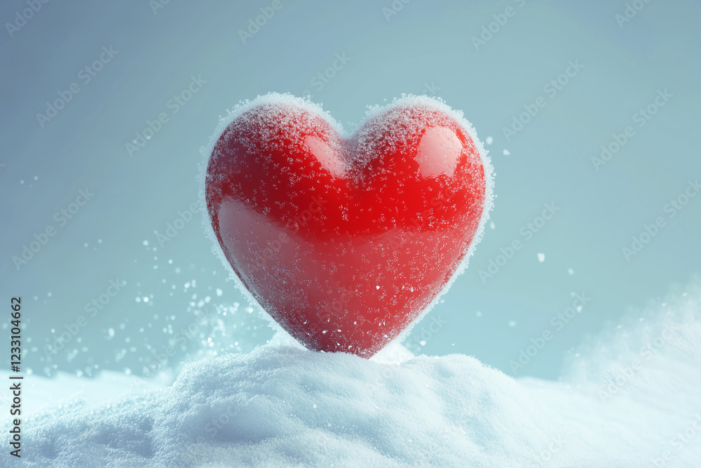 Fototapeta premium red heart in snow on a light blue background, love symbol concept