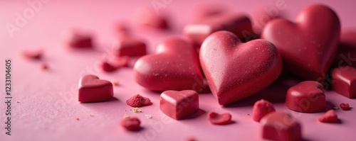 Heart-shaped chocolate candies, close-up shot, rich, chocolates