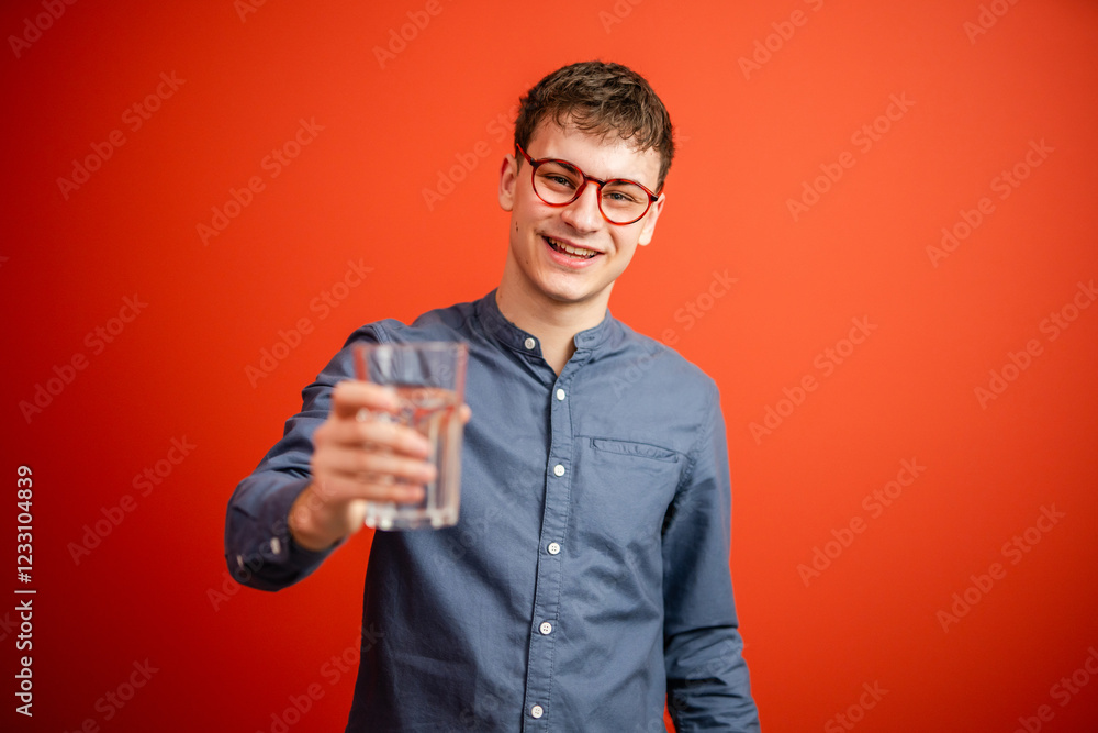portrait of young man drink water in front red background studio shot portrait of young man drink water in front red background studio shot