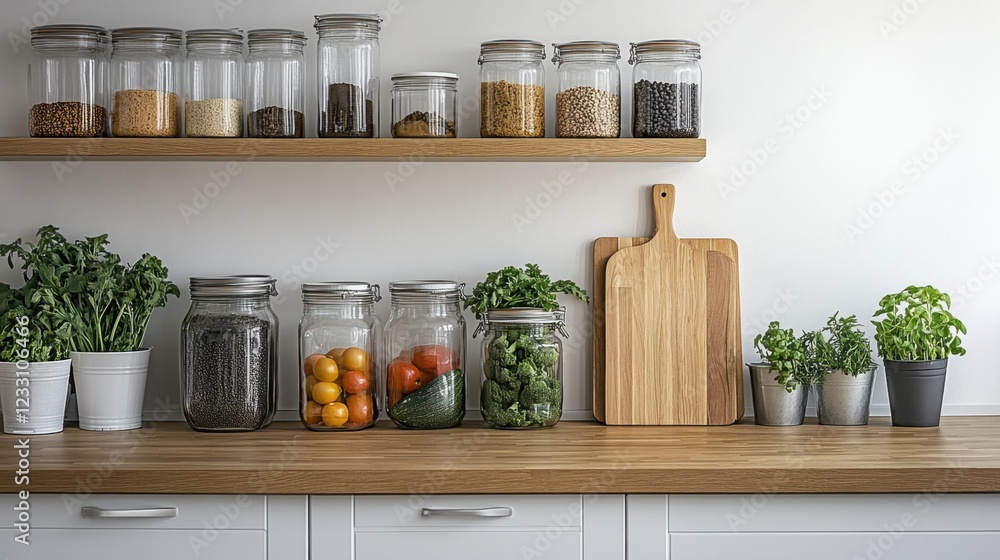 A clean kitchen with neatly arranged jars, a wooden cutting board, and a fresh vegetable assortment, top view. A clean kitchen with neatly arranged jars, a wooden cutting board, and a fresh vegetable assortment, top view.