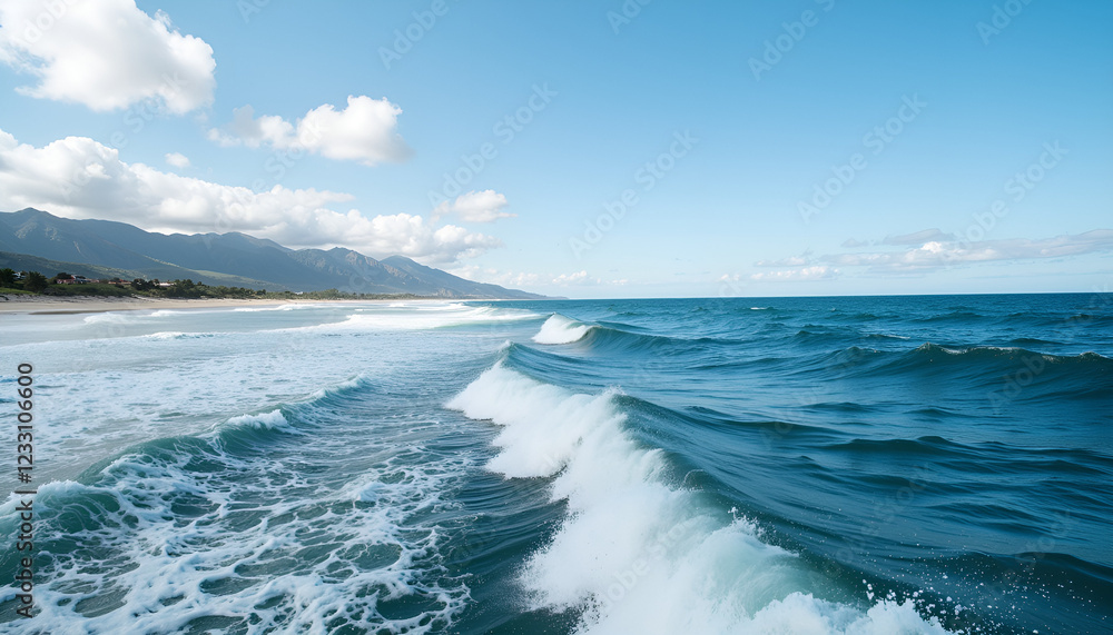 Ocean waves crashing on sandy beach with mountains in background, Ocean Waves, World Water Day Ocean waves crashing on sandy beach with mountains in background, Ocean Waves, World Water Day