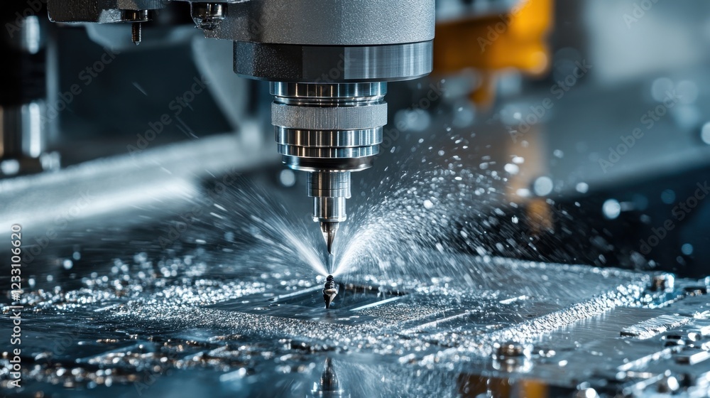 A CNC machine cutting metal with precision on a deep industrial gray background. A CNC machine cutting metal with precision on a deep industrial gray background.