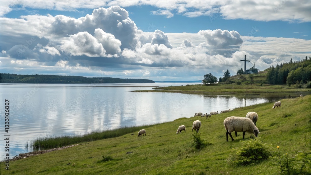 Obraz premium Fluffy white clouds float above a tranquil lake with sheep grazing on the shore and a subtle outline of a cross visible in the distance, idyllic, lake, water, shore, rural