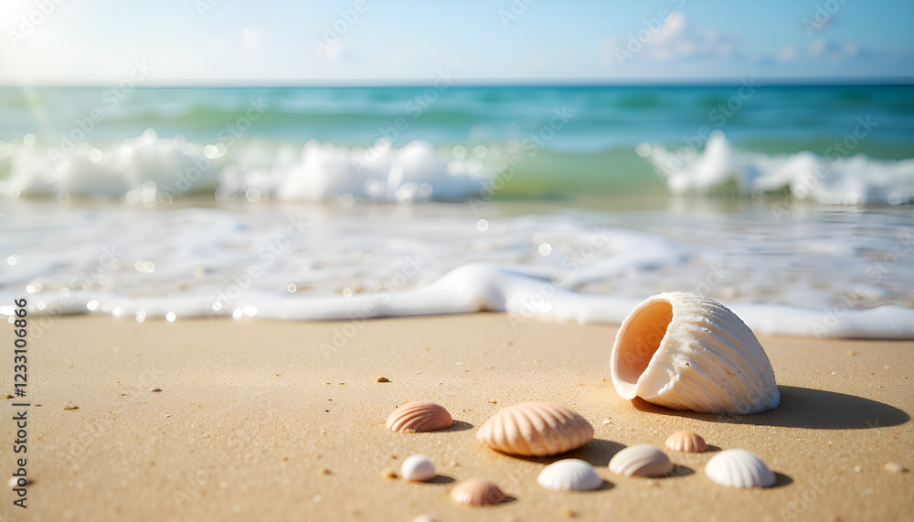 Seashells on sandy beach with gentle waves, Ocean Waves, World Water Day Seashells on sandy beach with gentle waves, Ocean Waves, World Water Day