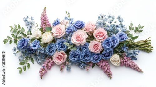 Whimsical bouquet of pastel roses and delphiniums on a solid white background photo