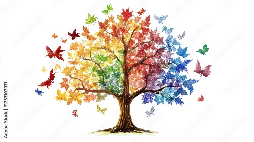Illustration of a tree with leaves representing different religions, symbolizing growth and diversity isolated on a white background Illustration of a tree with leaves representing different religions, symbolizing growth and diversity isolated on a white background