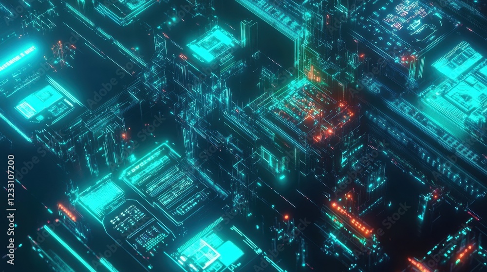 Fototapeta premium A futuristic AI-driven electronics factory with holographic interfaces on a neon cyan background.