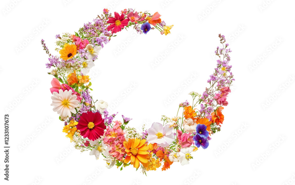 A Breathtaking Crescent Moon Crafted from an Assortment of Bright Lively Flowers Isolated on Transparent Background. A Breathtaking Crescent Moon Crafted from an Assortment of Bright Lively Flowers Isolated on Transparent Background.