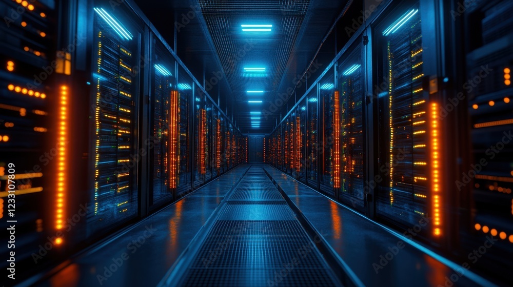 A futuristic factory data center with glowing LED panels on a dark cyber blue background. A futuristic factory data center with glowing LED panels on a dark cyber blue background.