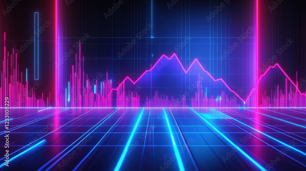 A futuristic holographic financial chart on a neon blue background. A futuristic holographic financial chart on a neon blue background.
