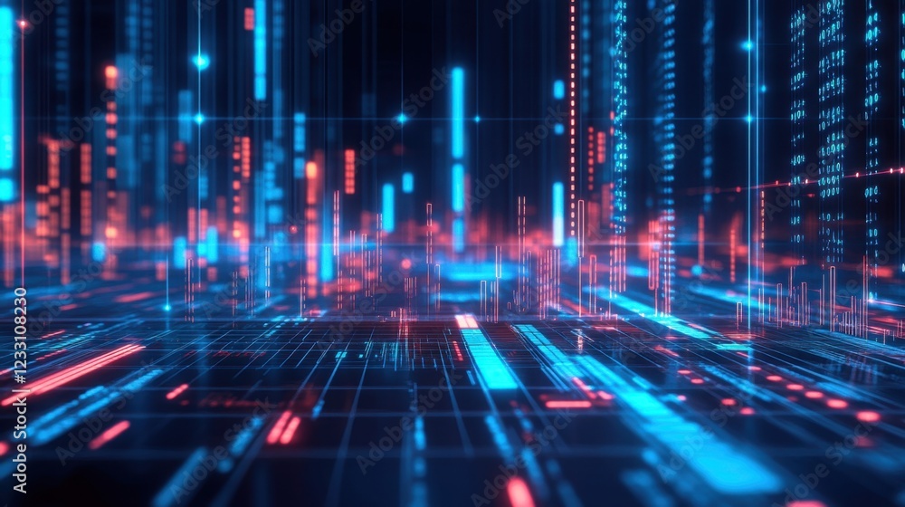 A futuristic holographic financial chart on a neon blue background. A futuristic holographic financial chart on a neon blue background.
