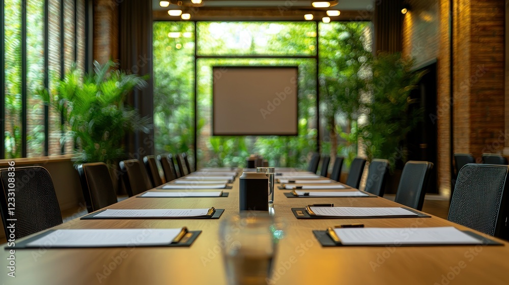 Fototapeta premium Empty conference room table, projector, green courtyard view, business meeting setup
