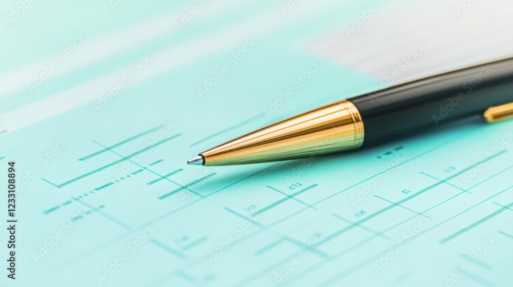 A golden pen resting on an investment report on a light mint green background. A golden pen resting on an investment report on a light mint green background.