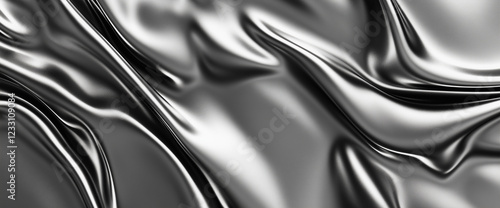 A black, white, and gray background with a smooth silver metal texture gradient. The shiny surface reflects soft light, creating an abstract pattern, perfect for design, decoration, banners, or panora photo