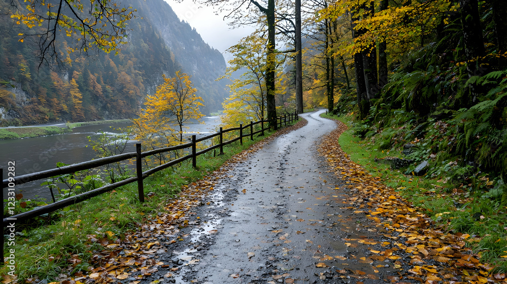 Fototapeta premium Autumnal River Road, Scenic Drive, Fall Foliage, Misty Mountains, Nature