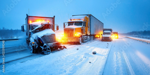Multiple trucks and cars involved in a traffic accident on a snowy highway at twilight, with hazard lights flashing and snow covering the road