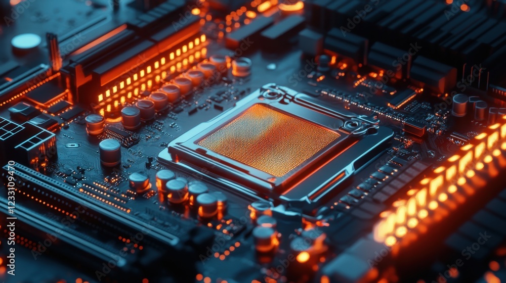 A high-tech motherboard with glowing pathways on a cyberpunk-style background. A high-tech motherboard with glowing pathways on a cyberpunk-style background.