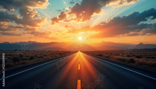 Empty highway stretches through dry countryside at sunset. Mountains rise in distance under vibrant sky. Sunlight streams across asphalt road. Scenic landscape. Vast horizon. Perfect for travel