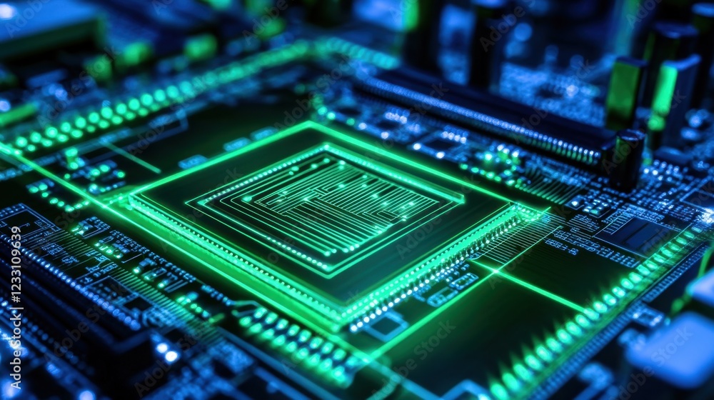 A high-tech sensor scanning a production line on a futuristic neon green background. A high-tech sensor scanning a production line on a futuristic neon green background.