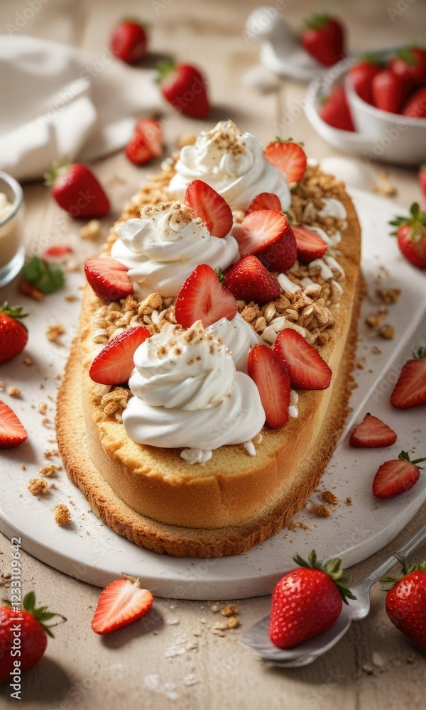 Fresh strawberries and whipped cream atop a moist almond sponge cake topped with crunchy crumble bits, almond sponge, breakfast cake Fresh strawberries and whipped cream atop a moist almond sponge cake topped with crunchy crumble bits, almond sponge, breakfast cake