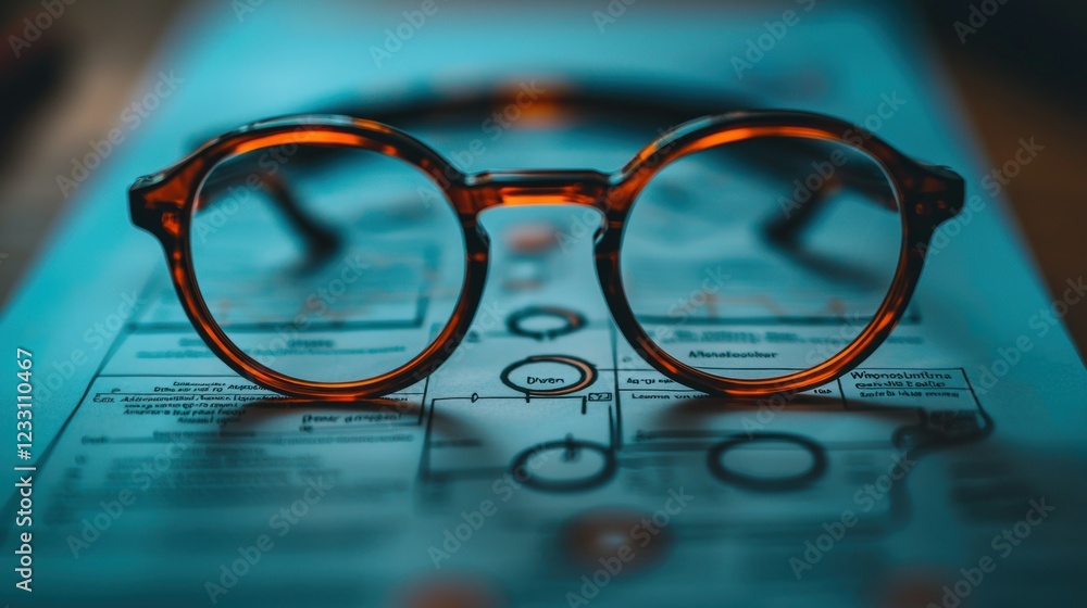 Eyeglasses on business chart, analyzing data under blue light Eyeglasses on business chart, analyzing data under blue light