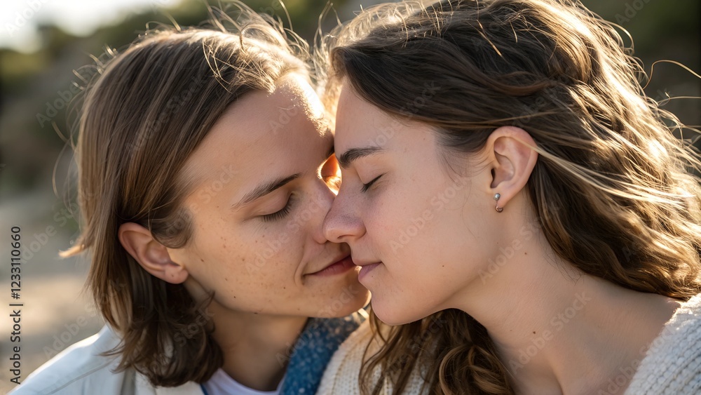 Affectionate couple sharing a loving moment with closed eyes in a serene outdoor setting Affectionate couple sharing a loving moment with closed eyes in a serene outdoor setting